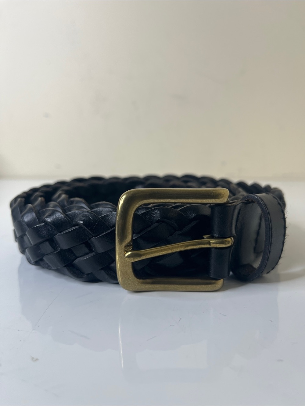 Vintage Eddie Bauer Black Braided Leather Belt with Brass Buckle